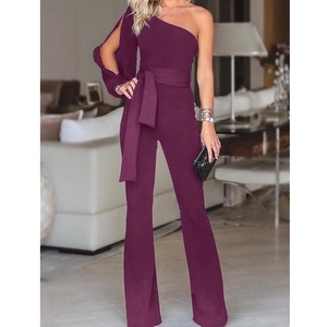 Detail of one-shoulder jumpsuit with waist tie and slit sleeve in dark purple