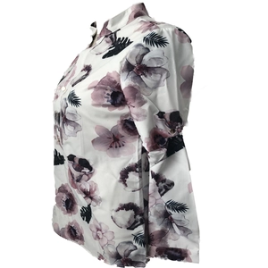 Camicetta donna con stampa floreale collo alla coreana e maniche lunghe arrotolabili