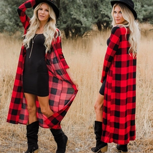 Front and side view of women's long red and black buffalo plaid cardigan jacket coat