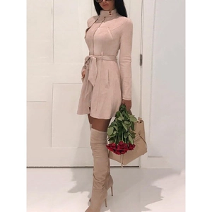 Elegante Trench in Finta Pelle Scamosciata da Donna Vestibilità Aderente Zip Colletto alla Coreana Manica Lunga Cintura in Vita Casual Giacca Tinta Unita