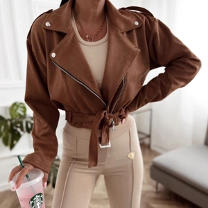 Women's slim fit brown faux suede biker jacket with lapel collar and waist belt