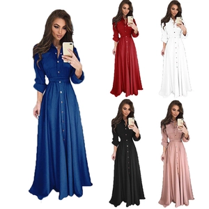 Robe Chemise Élégante à Manches Longues pour Femmes Robe Maxi à Revers Simple Boutonnage Avec Ceinture Taille Couleur Unie