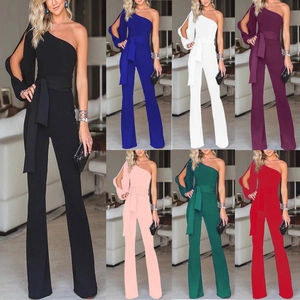 Women One Shoulder Long Slit Sleeve Jumpsuit High Waist Flared Leg Jumpsuit With Belt Elegant Sexy Party Clubwear Romper