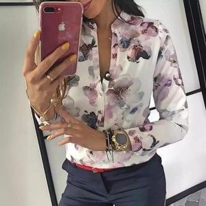 Camicia da Donna in Chiffon a Maniche Lunghe con Stampa Floreale Blusa Casual con Scollo a V e Bottoni Top da Ufficio Slim Fit