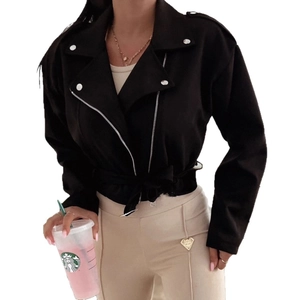 Women's black slim fit faux suede moto jacket with lapel collar and waist belt