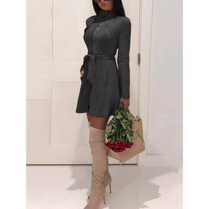 Cappotto donna in finta pelle scamosciata grigio scuro con cintura e collo alto