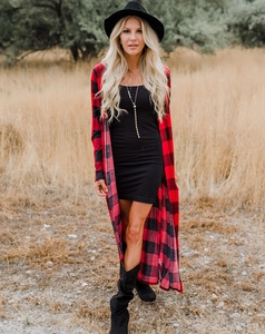 Close-up of a full-length buffalo plaid cardigan with classic red and black checkered pattern