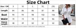 Tableau des tailles pour robe chemise blanche à manches longues avec taille froncée