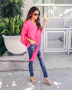 Deep V-neck hot pink chiffon top featuring flutter sleeves and front waist tie detail