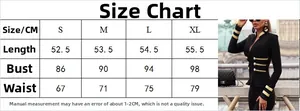 Size chart for slim fit navy style jacket with gold trim and metal buttons detailing