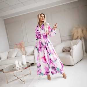 Elegant floral print shirt dress with long lantern sleeves and high waist slit hemline