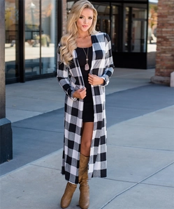 Detail of long black and white buffalo plaid cardigan sweater with an open-front design