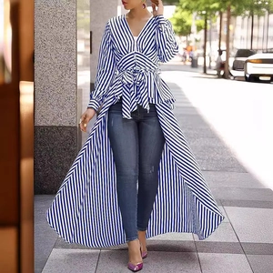 Damen Gestreift Vokuhila Saum Hemdkleid V Ausschnitt Langarm Bindegürtel Maxi Tunika Top Mode Bluse Für Streetwear