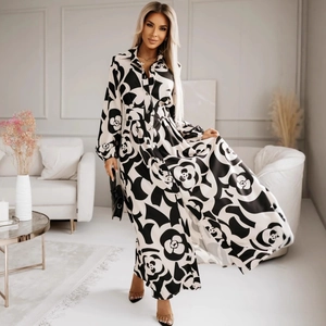 Women Elegant Floral Leopard Print Long Sleeve Shirt Dress Turnover Collar Button Down Maxi Dress Casual Party A-Line Dress