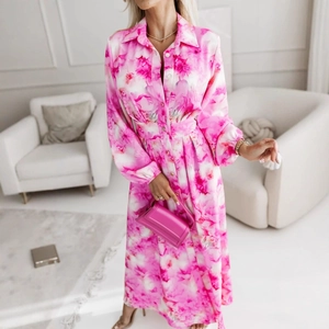 Elegant pink floral long sleeve midi dress with shirt collar and waist belt detail