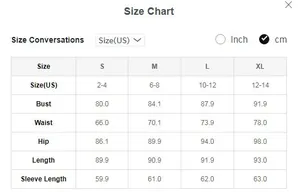 Detailed size guide table for V-neck mesh print midi dress with US size conversions