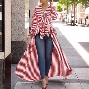 Rot-weiß gestreiftes V-Ausschnitt Langarm-Hemdkleid mit Taillenbindung und High-Low-Saum