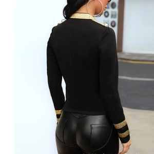 Slim fit navy style black blazer for women with gold braided trim and shoulder buttons
