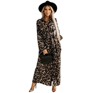 Women's leopard print long sleeve shirt dress with waist tie and side slit detail