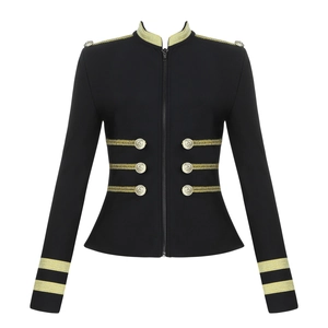 Slim fit black military style jacket with golden lion embossed buttons and gold trim