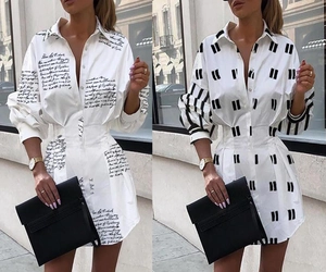 Robe Chemise Décontractée à Manches Longues pour Femmes Coupe Ajustée Taille Plissée Mini Robe Imprimée Blanc Noir Rayures Bureau