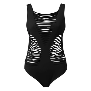 Women's sexy black one-piece swimsuit with intricate shredded side cutouts and a square neckline