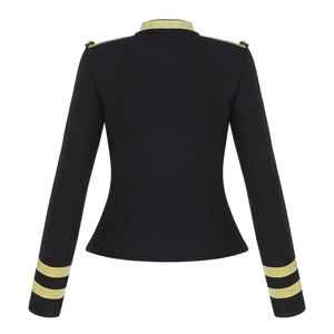 Back view of slim fit navy style black blazer with gold trim stripes on collar and cuffs