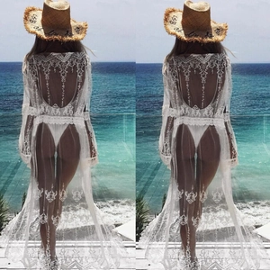 White lace beach cover-up with long sleeves, open back and floral embroidery trim