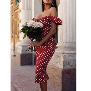 Robe Midi à Pois Épaules Dénudées pour Femmes Sexy Moulante Fendue Crayon Manches Bouffantes Rétro Douce Fête Été