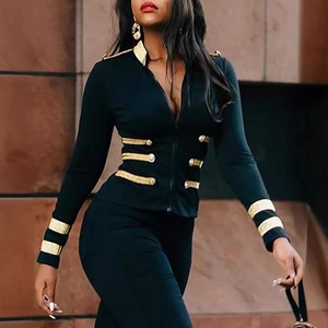 Slim fit black military style jacket with gold nautical trim and buttons for women