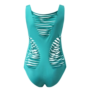 Detail of teal hollow-out monokini with horizontal laser-cut lattice on front and waist