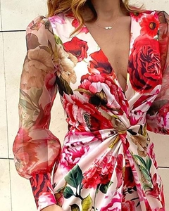 Detail of deep V-neck dress with red rose floral print and mesh lantern sleeves