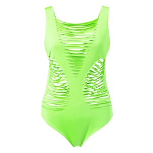 Detail of neon green cut-out one-piece swimsuit with ripped horizontal design
