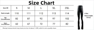 Detailed size chart for matte stretch PU leather leggings with length and waist measurements