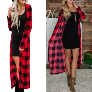 Women's long red and black buffalo plaid open front cardigan with casual long sleeves