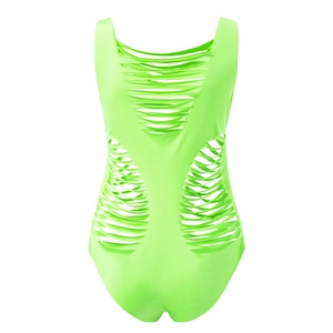 Detail of neon green bodysuit featuring intricate laser-cut horizontal hollow out patterns