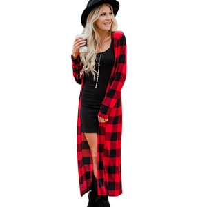 Women's long-sleeve buffalo plaid cardigan in classic red and black checkered pattern