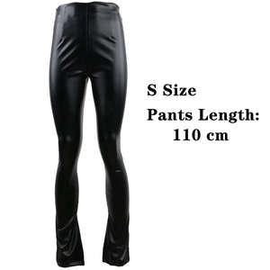 Slim fit black matte PU leather flare leggings with side slit zipper and high waist cut