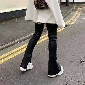 Women's Flare PU Leather Pants High Waist Slim Fit Slit Hem Faux Leather Trousers For Fall Winter Streetwear Fashion