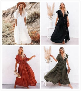Detailed look at V-neck ruffle sleeve maxi dress with buttons in four elegant colors