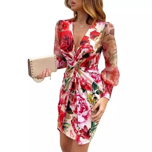 Floral print deep V-neck midi dress with sheer mesh lantern sleeves and waist twist detail
