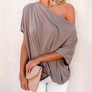 Elegant one-shoulder batwing sleeve top for women in taupe with stylish draped pleats