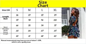Detailed size chart for long sleeve floral backless dress showing S to XL dimensions