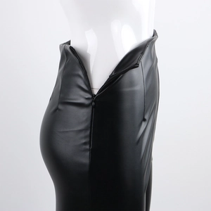 Close-up of black matte PU leather skirt featuring high waist cut and invisible side zipper