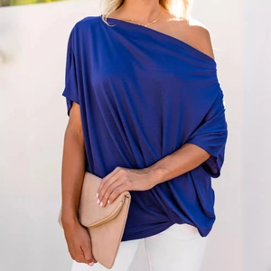 Women's off-shoulder royal blue T-shirt with loose fit and casual summer style design