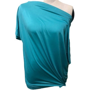 Women's teal one shoulder sleeveless t-shirt with elegant side pleats and soft fabric