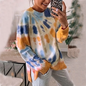 T-Shirt Décontracté à Manches Longues Tie-Dye pour Femmes Coupe Ample Col Rond Pull Avec Fente Latérale Mode Streetwear