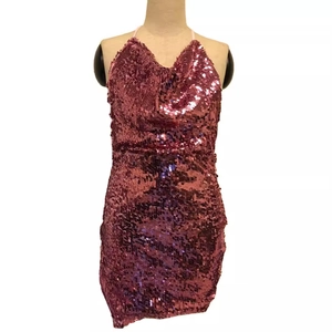 Sparkly rose gold sequin mini dress with cowl neck and halter back for party night