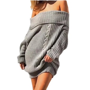 Grey off-shoulder cable knit sweater dress for women with long sleeves and loose fit
