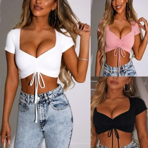 Women Sexy Ruched Drawstring V Neck Short Sleeve Crop Top Slim Fit Solid Color Summer Tight Fashion Streetwear Tee Top